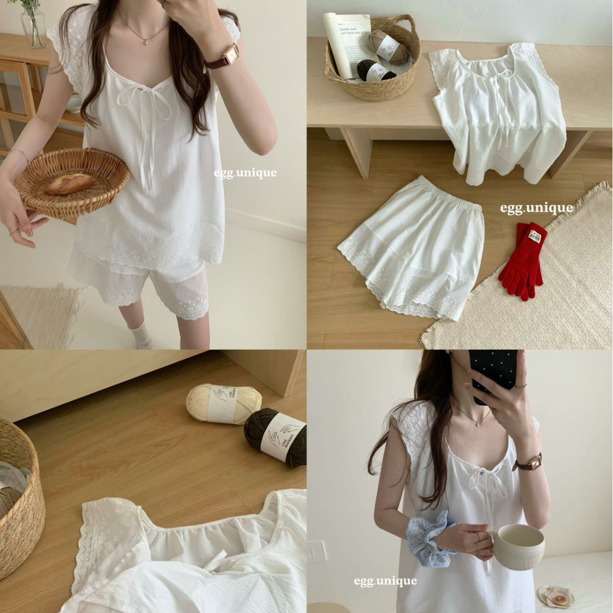 egg.unique白月光家居服套装女镂空花边短袖蕾丝边白色家居服套装