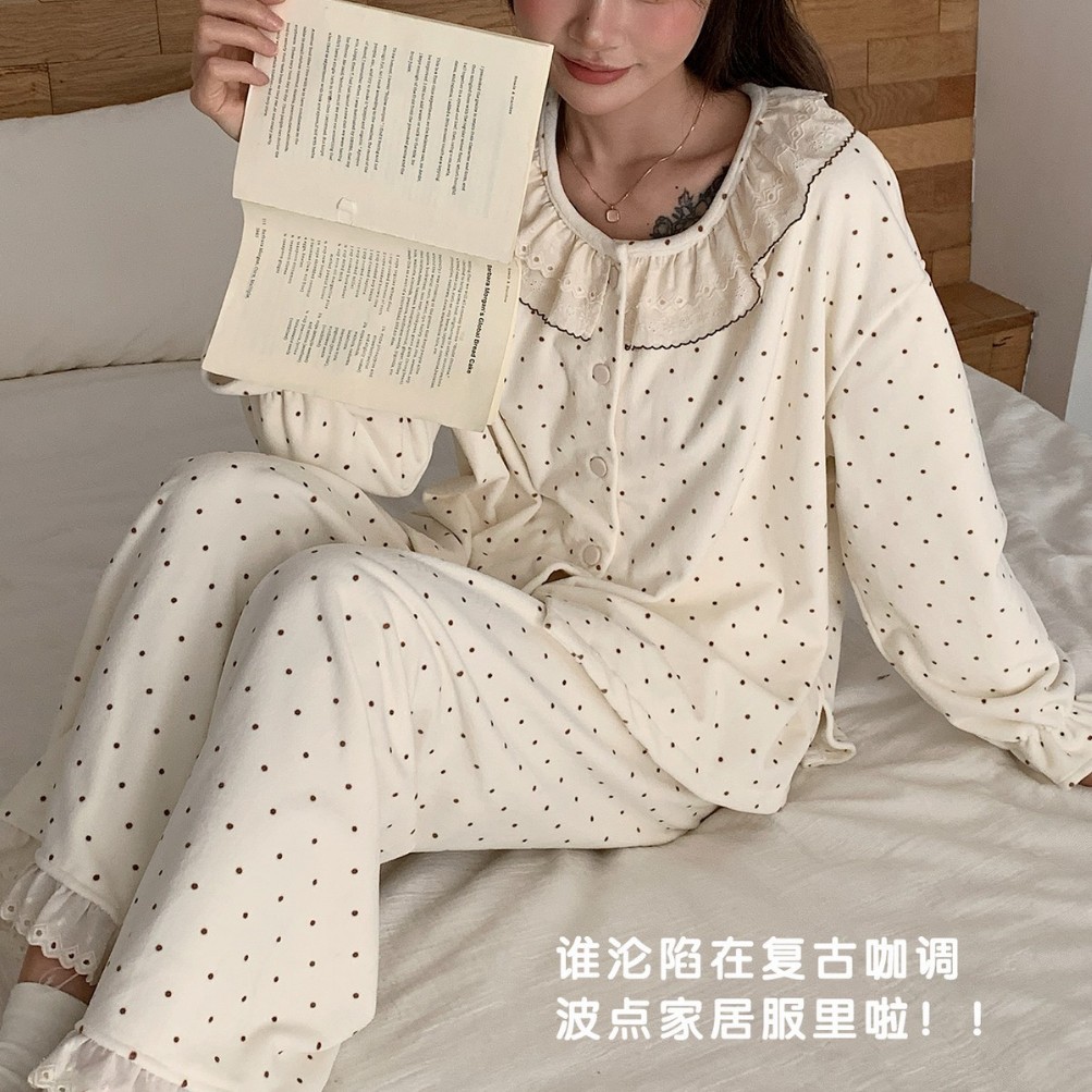 1208法式复古波点睡衣女秋冬澳绒保暖套装甜美少女纽扣开衫家居服