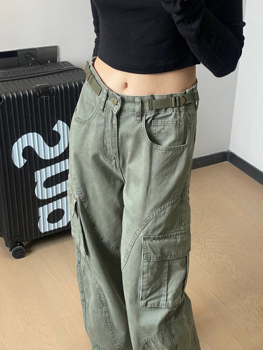 大码美式高街vibe军绿色工装牛仔裤女夏季新款宽松高腰直筒休闲裤