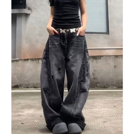 大码美式做旧设计破洞弯刀牛仔裤女2025新款高街宽松解构阔腿长裤