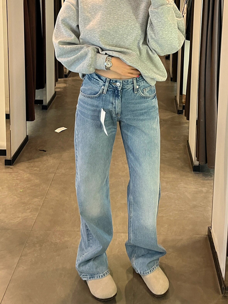 아메리칸 스트리트 바이브 라이트 블루 청바지 플러스 사이즈 여성 가을 ??겨울 신상 루즈 슬리밍 하이 웨이스트 바닥 길이 스트레이트 팬츠