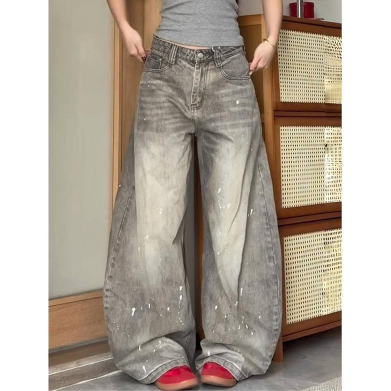 大码美式vibe复古做旧水洗泼墨牛仔裤女装宽松高腰显瘦弯刀长裤子,女装/女士精品,大码裤装,淘宝优惠券,粉丝福利购,淘宝优惠卷