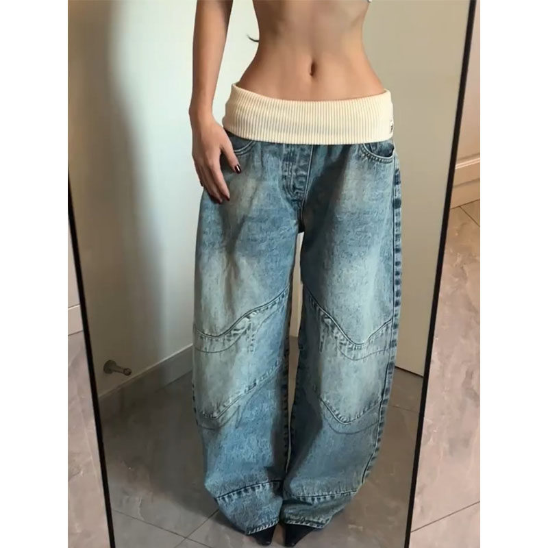 美式街头大码水洗做旧解构牛仔裤女螺纹松紧腰带直筒垂感阔腿长裤,女装/女士精品,大码裤装,淘宝优惠券,粉丝福利购,淘宝优惠卷