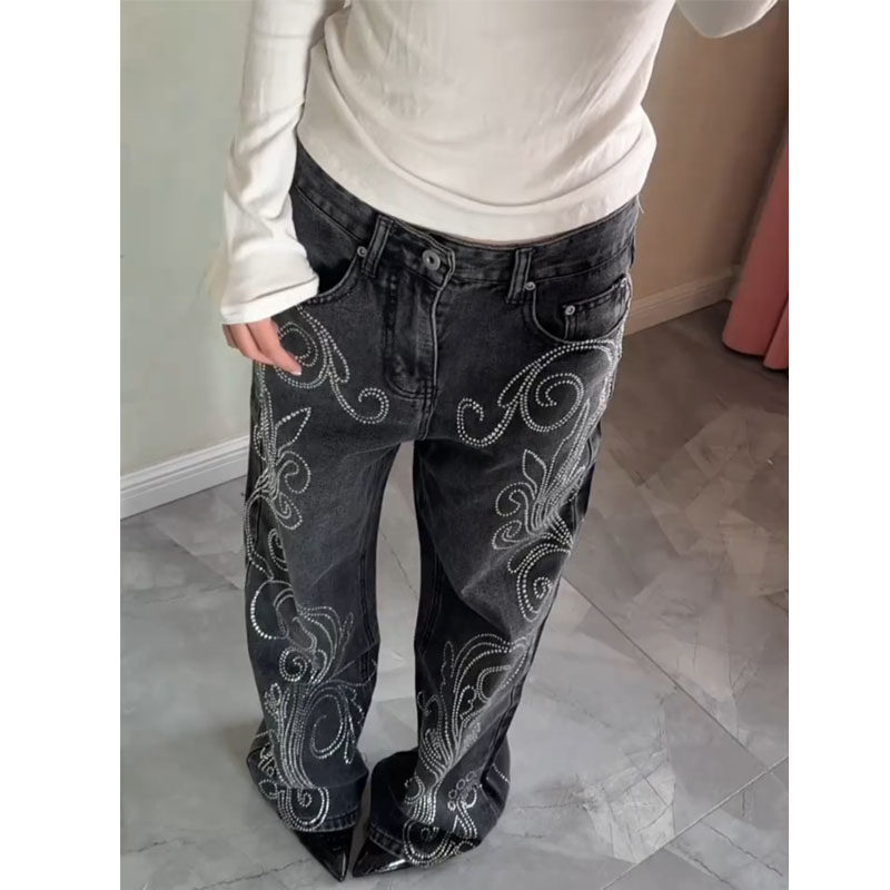 美式街头复古花纹烫钻牛仔裤女大码女装宽松直筒休闲垂感阔腿长裤,女装/女士精品,大码裤装,淘宝优惠券,粉丝福利购,淘宝优惠卷