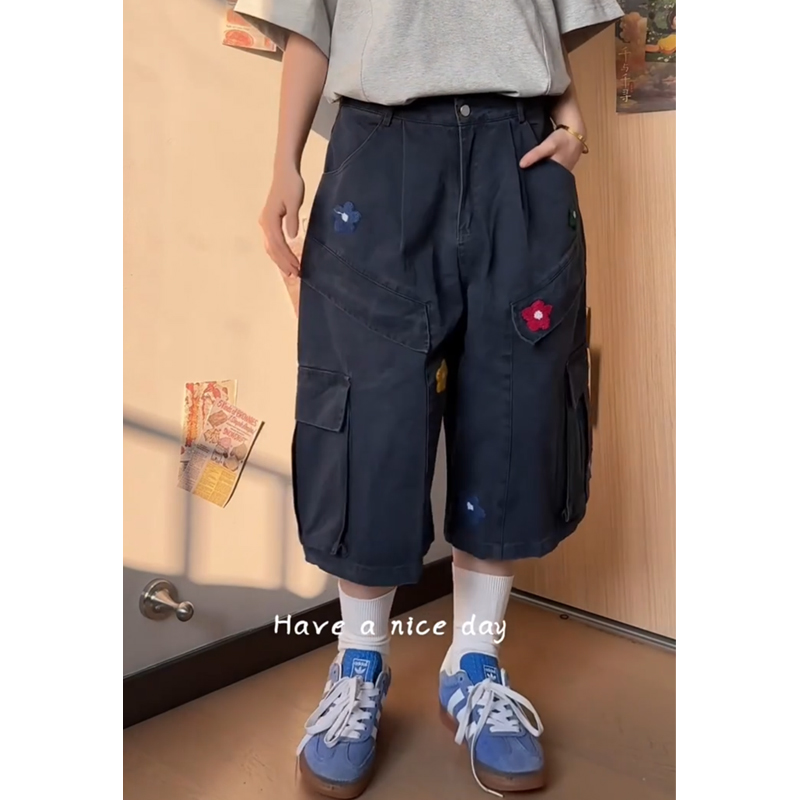 美式街头花朵刺绣工装牛仔七分裤大码女2025夏季新款宽松阔腿中裤