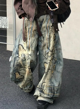 美式复古乱针刺绣弯刀牛仔裤女2026春夏新款街头宽松阔腿长裤子潮