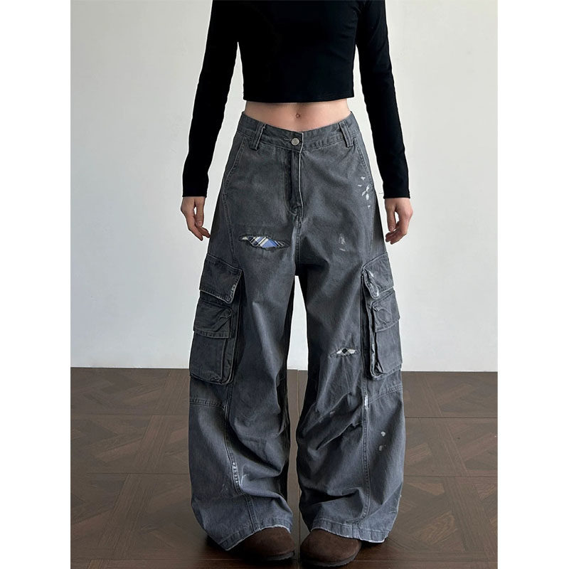 美式复古做旧泼墨格纹贴布阔腿牛仔裤男女大码宽松显瘦休闲长裤子,女装/女士精品,大码裤装,淘宝优惠券,粉丝福利购,淘宝优惠卷