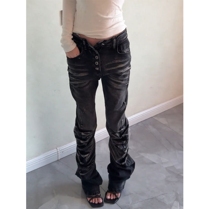 美式街头水洗做旧水波纹弯刀牛仔裤女大码设计感排扣修身堆积长裤,女装/女士精品,大码裤装,淘宝优惠券,粉丝福利购,淘宝优惠卷