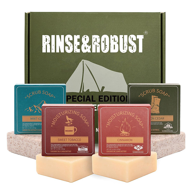 美国Rinse & Robust 4合1男士套装磨砂沐浴皂保湿去角质 手脸胡须