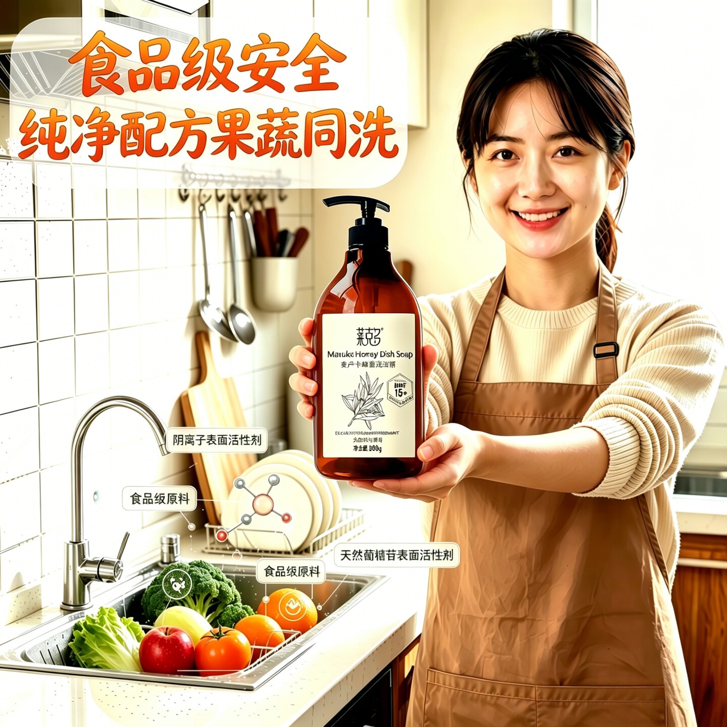 麦卢卡蜂蜜洗洁精餐具果蔬净清洗剂易冲洗无残留去油洁净去渍护手