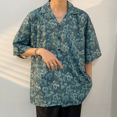 度假风古巴领半袖花衬衫男生海边穿搭夏季薄款冰丝衬衣垂坠感抗皱