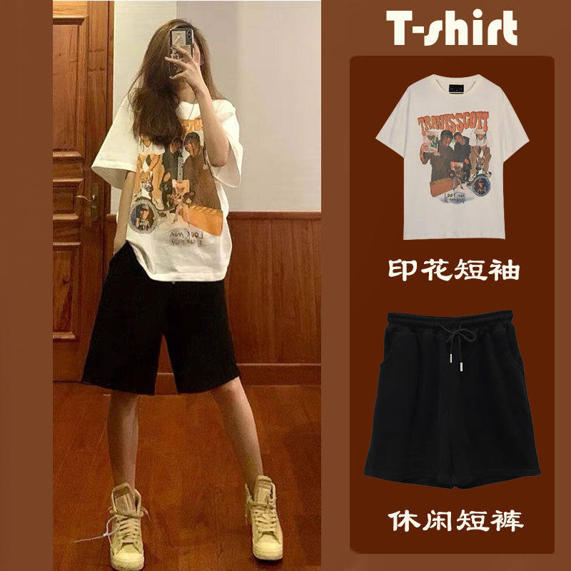 休闲运动服套装女夏季新款时尚宽松百搭减龄显瘦短袖短裤两件套
