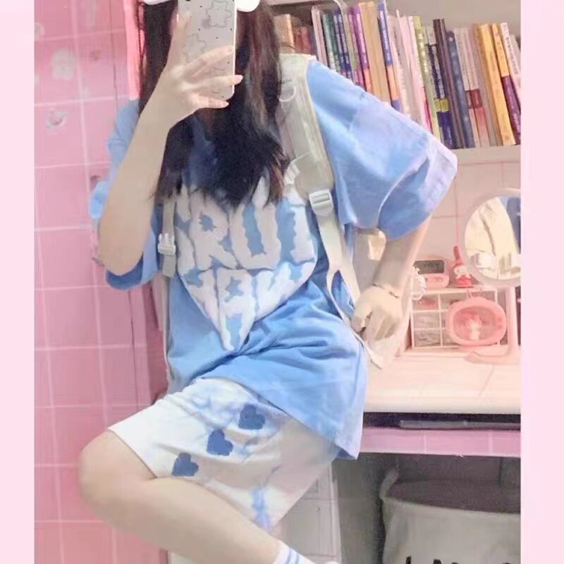 网红时尚运动服套装女夏季短袖短裤学生韩版宽松减龄休闲两件套潮
