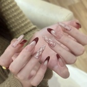 手工定制光疗穿戴美甲新娘孕妇菱形格子猫眼新年红色长可拆卸甲片