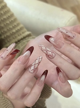 手工定制光疗穿戴美甲新娘孕妇菱形格子猫眼新年红色长可拆卸甲片