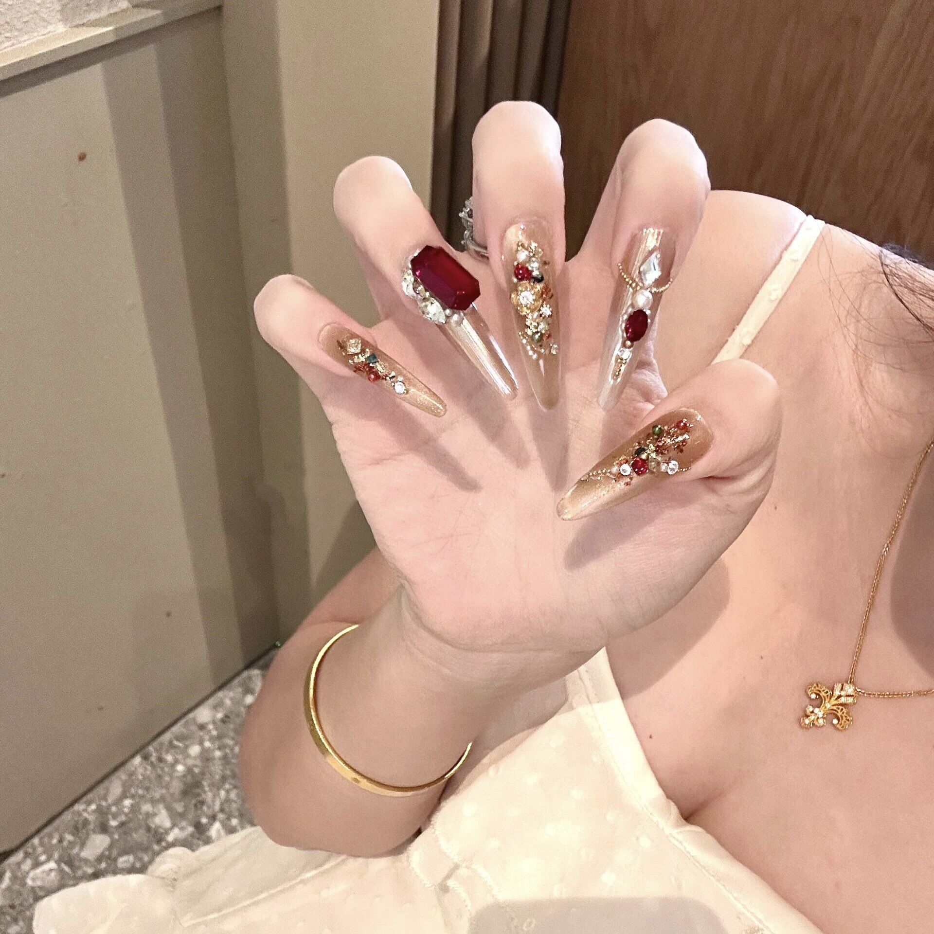 手工定制穿戴美甲成品新年红色孕妇香槟金色猫眼长新娘可拆卸甲片