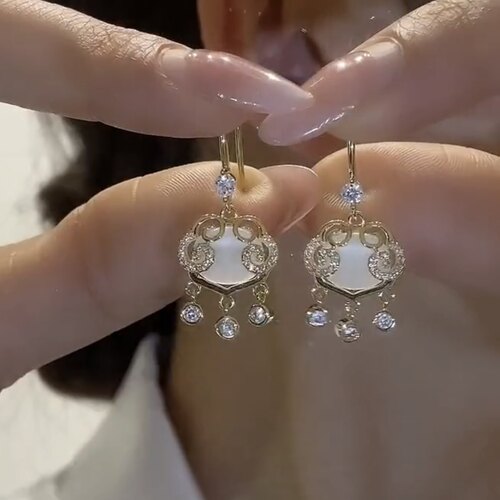 如意平安锁流苏耳环玉髓耳钩