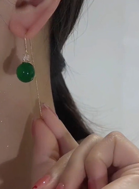 绿色猫眼石圆球耳线抽拉长款流苏球球耳饰新款简约气质超仙耳环女