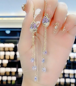 郁金香耳线纯银针耳环2024新款 高级感轻奢锆石流苏耳饰网红 潮时尚