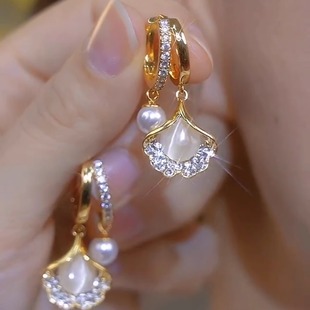 三生有杏法式珍珠银杏叶耳环925银水钻耳扣时尚气质百搭耳饰减龄