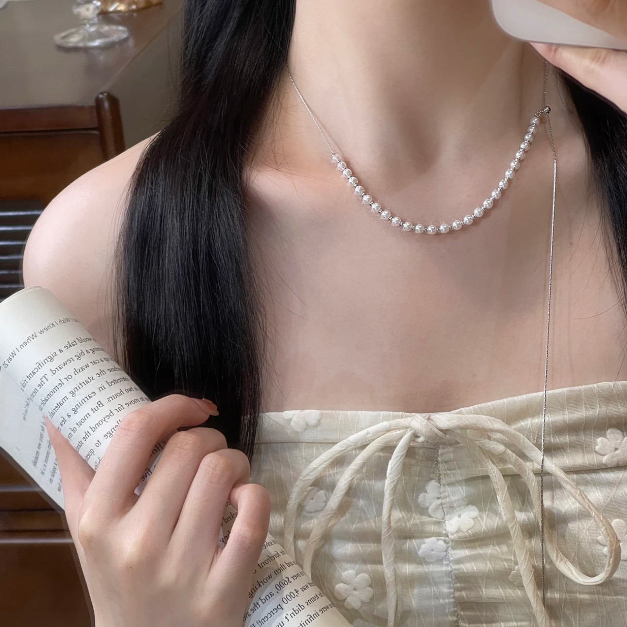 韩式可抽拉项链女复古精致流苏串珠珍珠毛衣链锁骨链项链气质轻奢