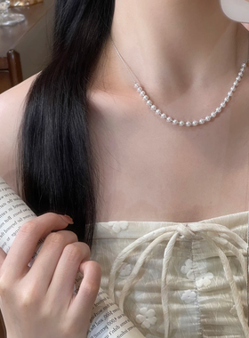 韩式可抽拉项链女复古精致流苏串珠珍珠毛衣链锁骨链项链气质轻奢