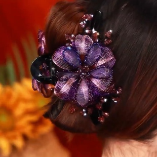 高端系列发夹女紫玫瑰盘发抓夹手工编织铜丝花朵鲨鱼夹头饰