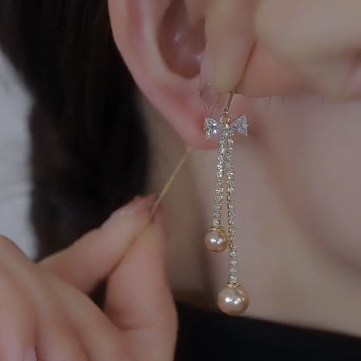 香槟色珠珠流苏耳线女优雅耳坠