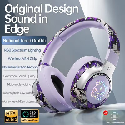 raffiti Bluetooth Headphones LED Light Foldable Rotatable