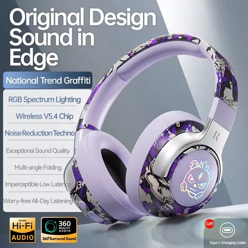 raffiti Bluetooth Headphones LED Light Foldable Rotatable