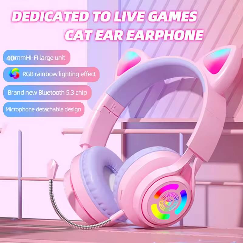 Cat Ear Headphones with RGB LED Bluetooth Gaming Headset