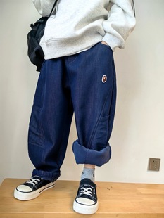 25冬装童裤男童哈伦廓形加绒加厚牛仔裤不掉色儿童一体绒弯刀裤潮