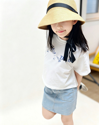 CropTop夏季新款儿童字母印花学院风白色纯棉短袖T恤女童短款上衣