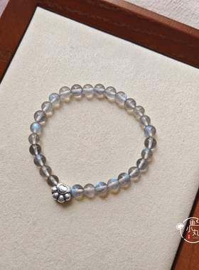 天然蓝光灰月光石手串足银猫爪