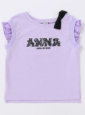 日本原单ANNA SUI安娜苏夏季女童紫色绣花袖口罗纹短袖T恤1209