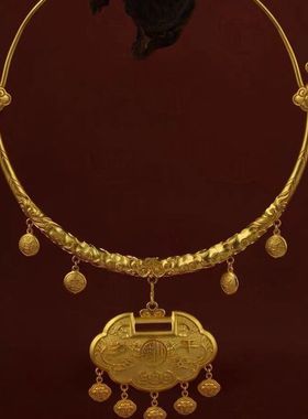 定制黄铜镀金 宝宝项圈 如意 岁岁平安 满月 周岁送礼 吊坠