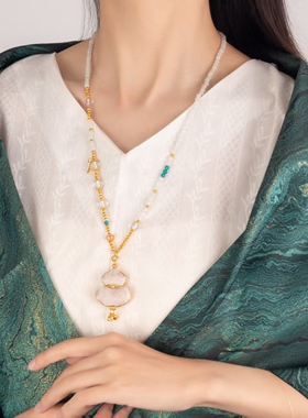 【宋锦粉葫芦】晚湖新中式旗袍配饰宋锦粉葫芦吊坠项链长款女饰品