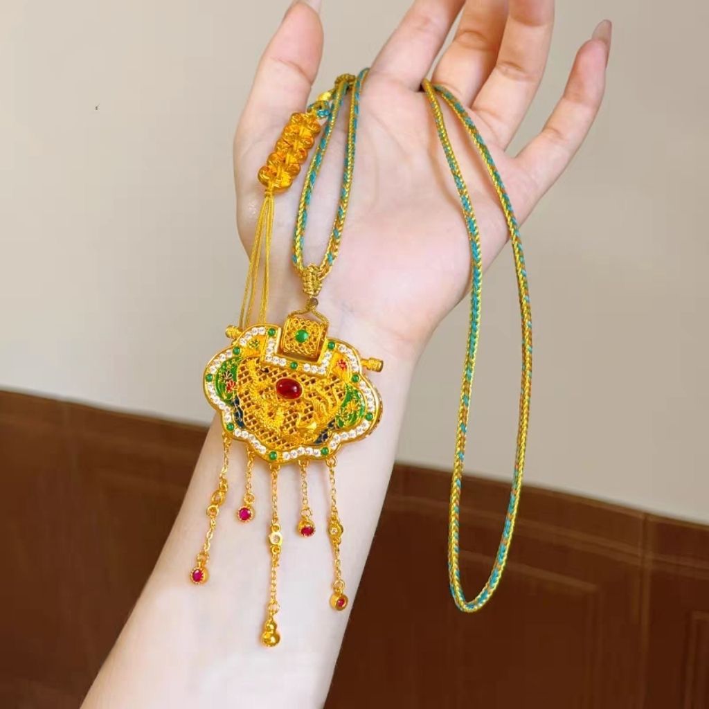 铜合金高保色点钻天子门生锁包流苏项链龙凤千里江山五帝钱毛衣链