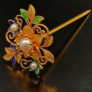 花丝镶嵌珍珠珐琅纯铜镀金古风簪子汉服新娘古装头饰发簪