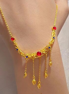 东方新中式宫廷风古法高温珐琅镂空花丝流苏项链女优雅气质高级感