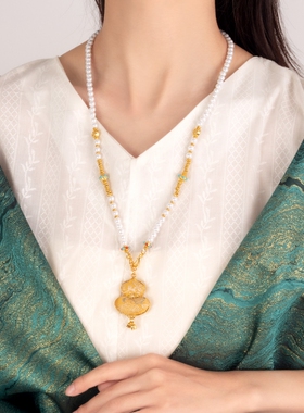 金葫宋锦珍珠】铜合金新中式配饰蜜黄宋锦葫芦长款珍珠项链女