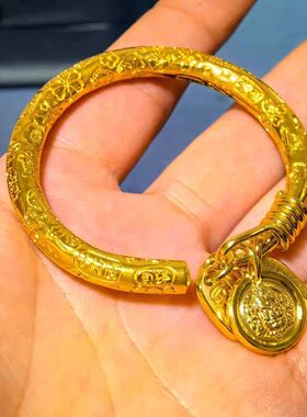 2026新款铜镀金圆棍绕丝黄财神吉言手镯平安暴富