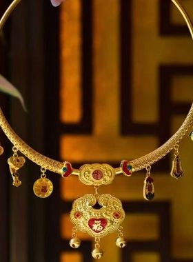 宝宝婴儿周岁长命锁金锁绳圈平安仿真金饰戴金抓周道具项圈编绳