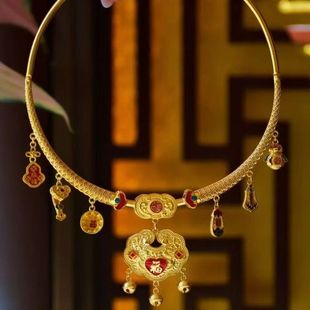 宝宝婴儿周岁长命锁金锁绳圈平安仿真金饰戴金抓周道具项圈编绳