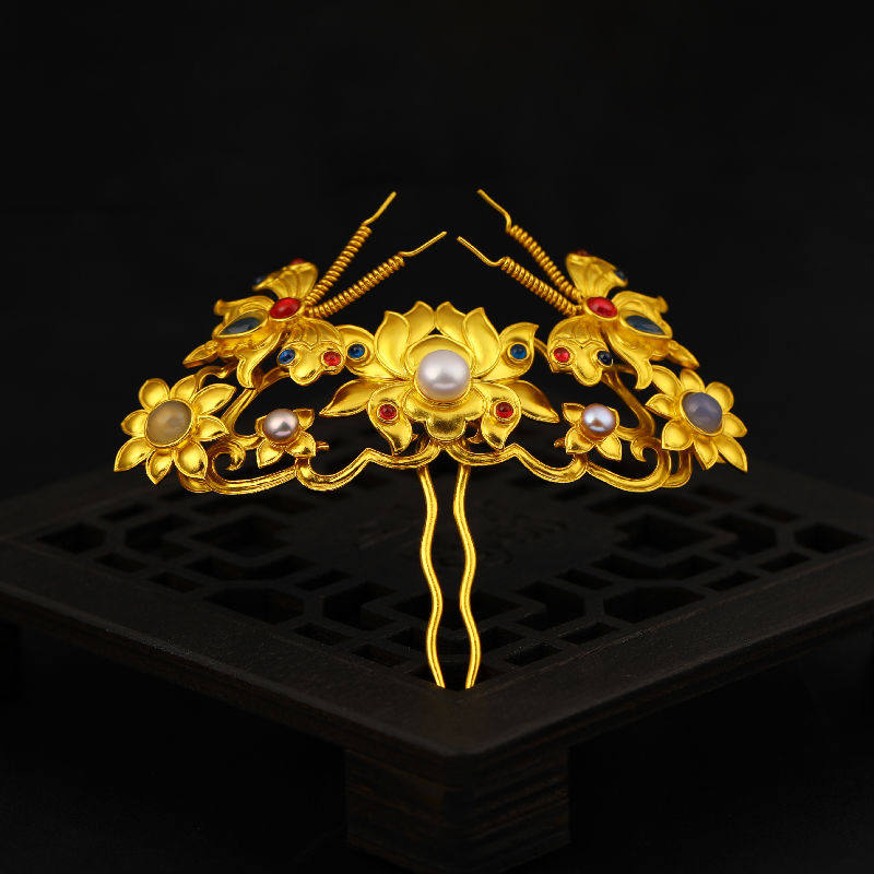 纯铜镀金复古发钗颤颤发簪古代金银器转运发饰头饰古法工艺星蝶
