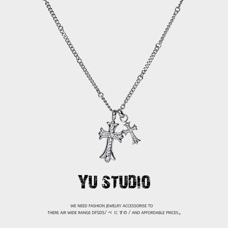 YUSTUDIO钛钢情侣双十字架项链