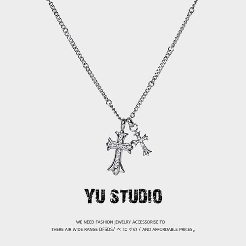 YUSTUDIO钛钢情侣双十字架项链