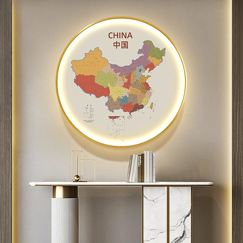 世界地图灯画玄关书房圆形挂画