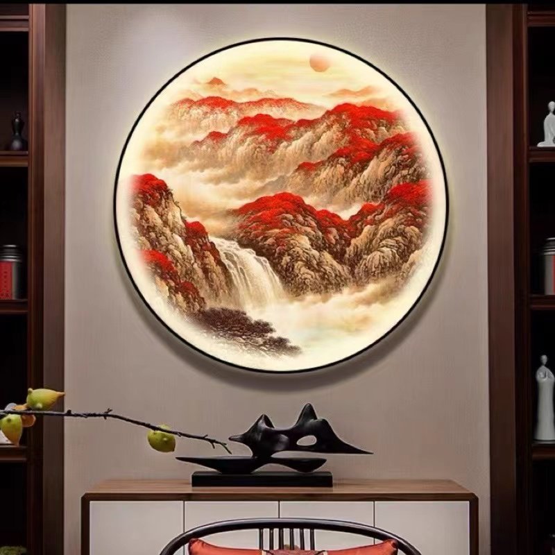 鸿运当头玄关装饰画带灯新中式圆形茶室背景墙灯画办公室山水挂画,家居饰品,现代装饰画,淘宝优惠券,粉丝福利购,淘宝优惠卷