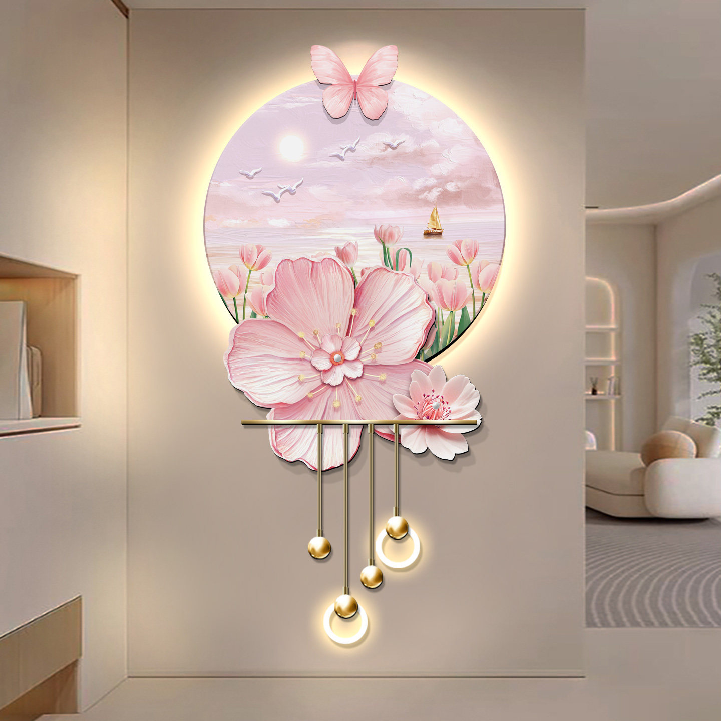 奶油风入户花朵玄关装饰画带灯发光走廊尽头挂画立体吊坠高档壁画